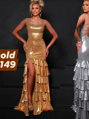 2 Cute Gold Metallic Ruffle High-Slit Prom Gown